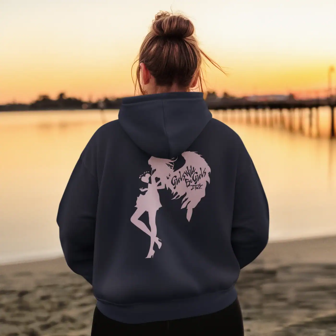 Blue hoodie with girl graffiti design and text "Girls Will Be Girls" in pink and black.