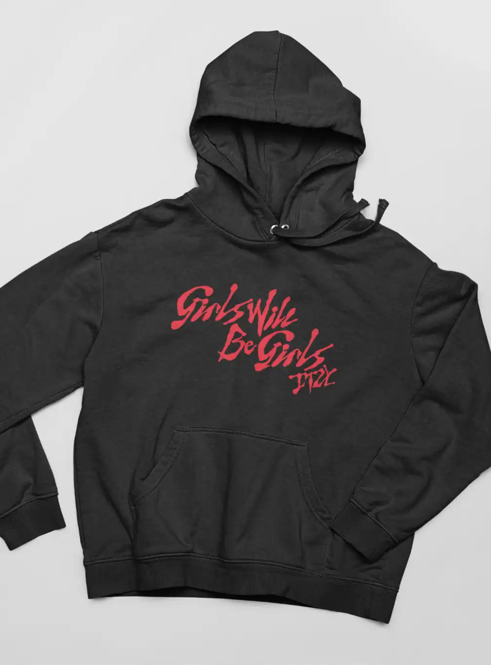 Girls Will Be Girls hoodie with bold red text on black fabric.