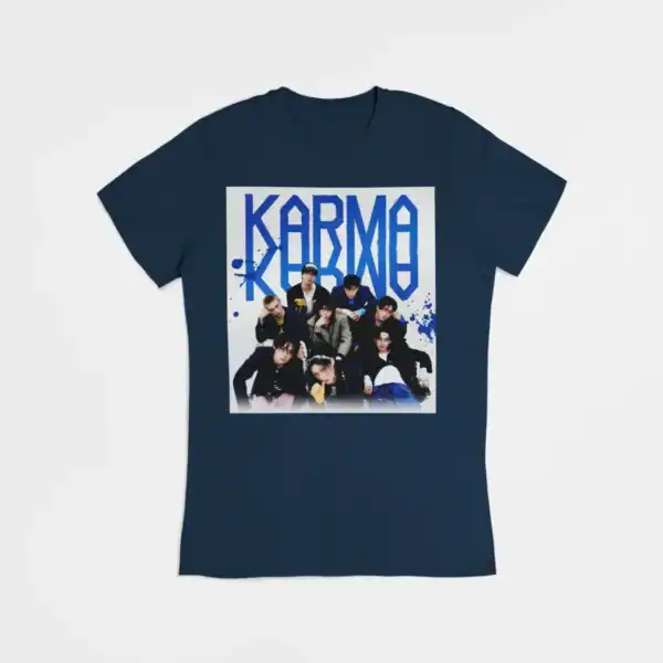 Kpop merch T-shirt featuring a group photo of a popular K-pop band with bold blue lettering.