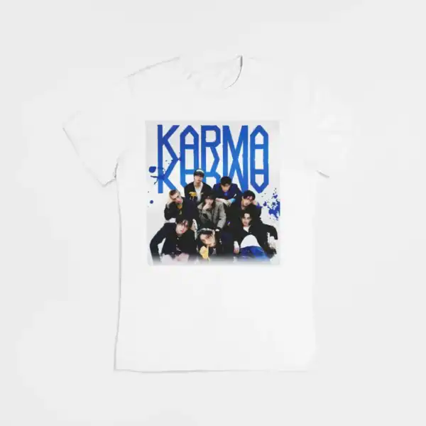 Kpop merch t-shirt featuring a group photo of K-pop idols with bold blue text "KARMA" in the background.