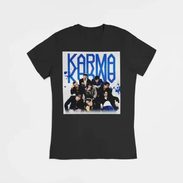 Kpop merch T-shirt featuring a group photo of K-pop idols with bold graphic design and vibrant colors.