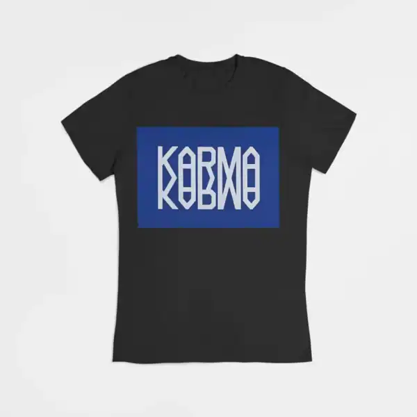 Kpop merch black T-shirt with bold blue KARMA graphic print in the center.