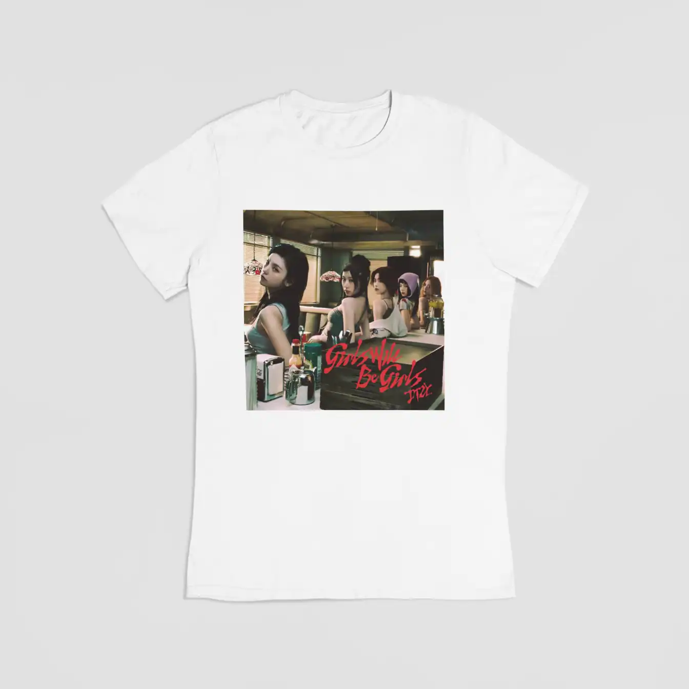 GirlGroup merchandise, K-pop band, stylish t-shirt featuring The Girls and Rye, vibrant photo print, trendy K-pop fashion statement.