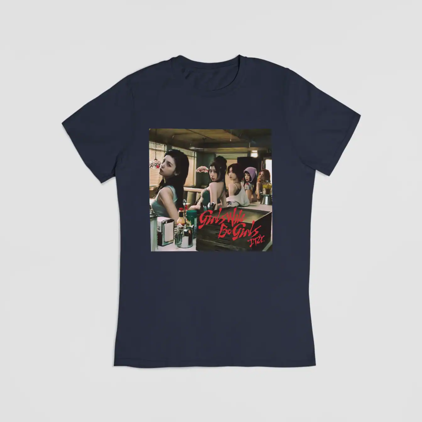 Girl's Generation Be Girls album T-shirt, K-pop merchandise with a photo of the group members in a cafe setting.