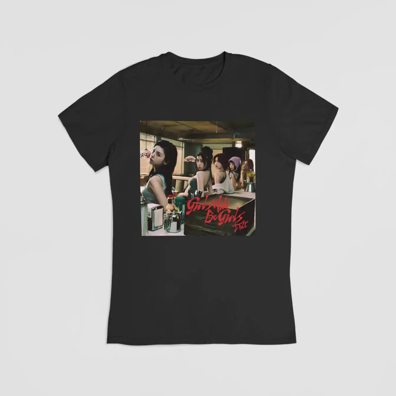 Girls Generation K-pop merchandise t-shirt featuring a group photo of five women in a diner setting.