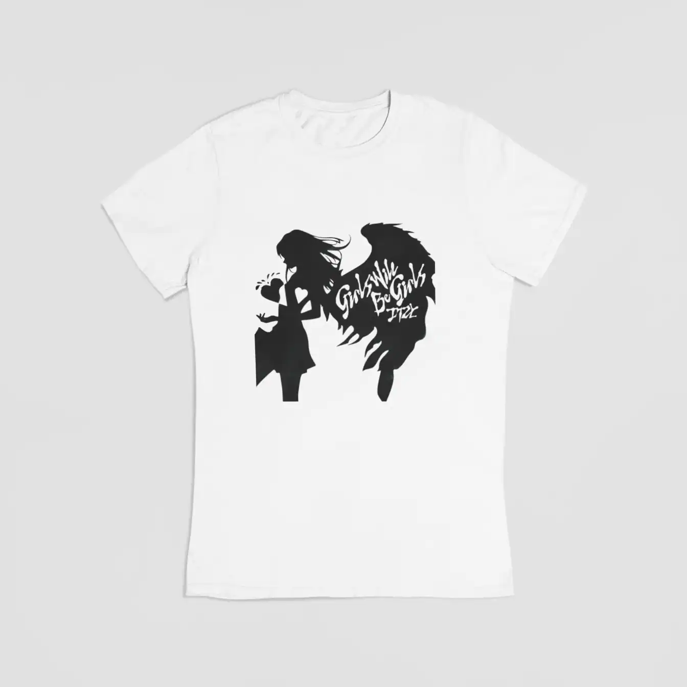 Black and white graphic T-shirt with female and male silhouettes, "GIRL" and "BOY" text, and trendy streetwear design, perfect for K-pop fans and merchandise collectors.