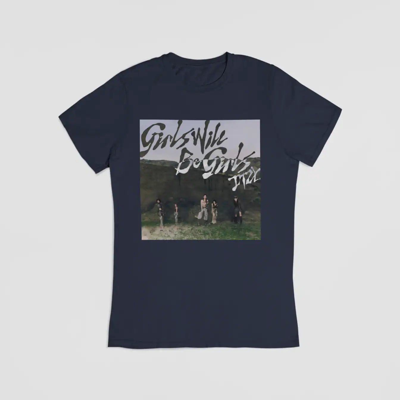 Girls Will Be Girls band T-shirt with graphic design and photo print, casual streetwear apparel for K-pop fans.