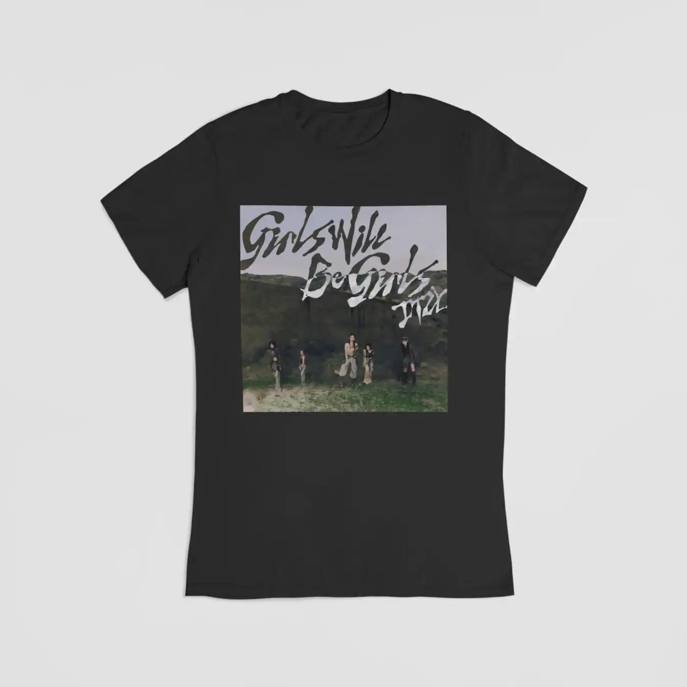 Girls Will Be Girls band t-shirt with a scenic graphic design and bold text.