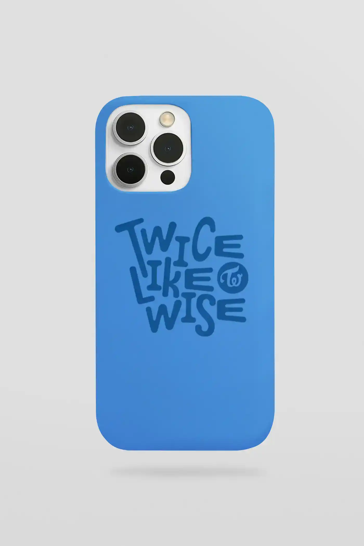 Cute blue phone case with "Twice Like Wise" graphic and camera cutout for iPhone.