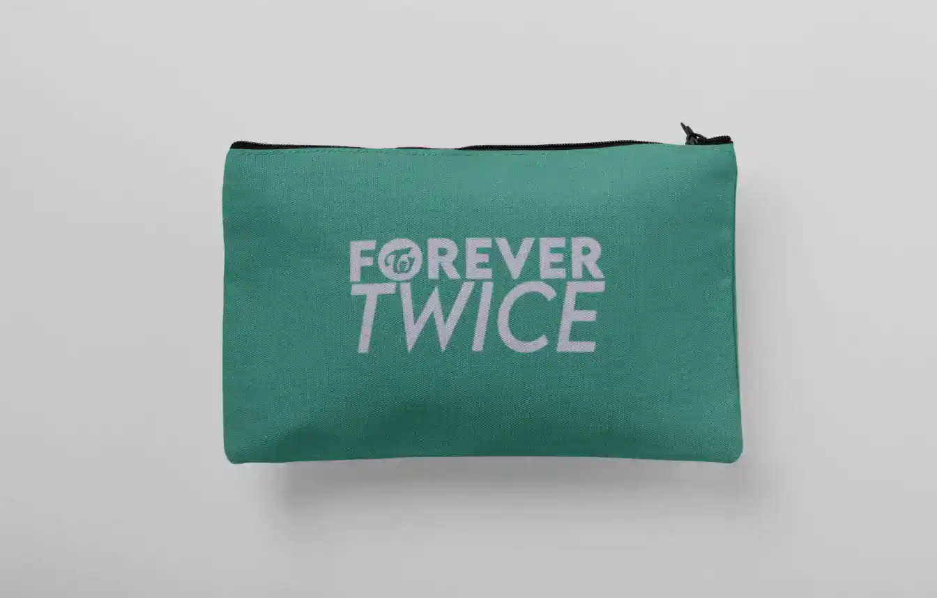 Yellow-green zippered pouch with "Forever Twice" text and logo.