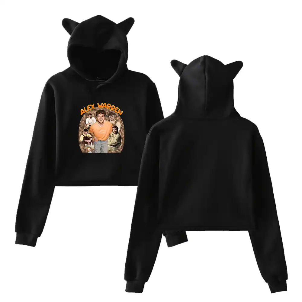 ALEX WARREN hoodie with cartoon print, black color, and fun animal ear hood design for casual streetwear.