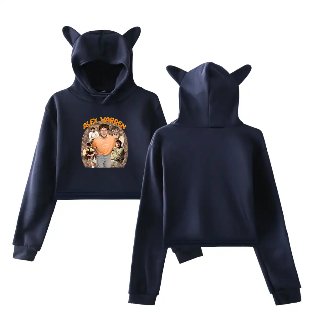 Alex Warren printed hoodie with animal ears, black color, casual style, logo and graphic design, suitable for fans and streetwear fashion.