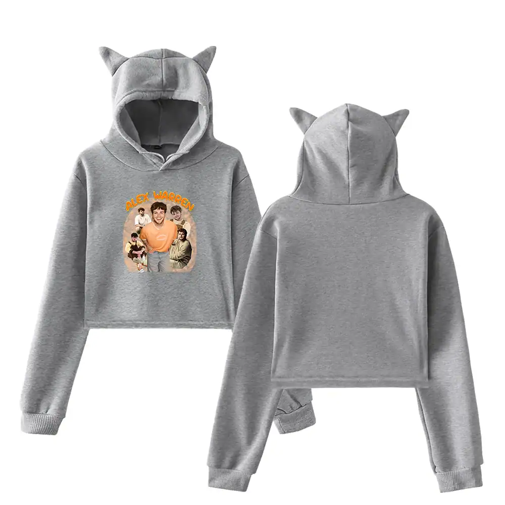 Cute gray hoodie set with cat ears and a graphic of Alex Warren, perfect for kpop merch fans and streetwear enthusiasts.