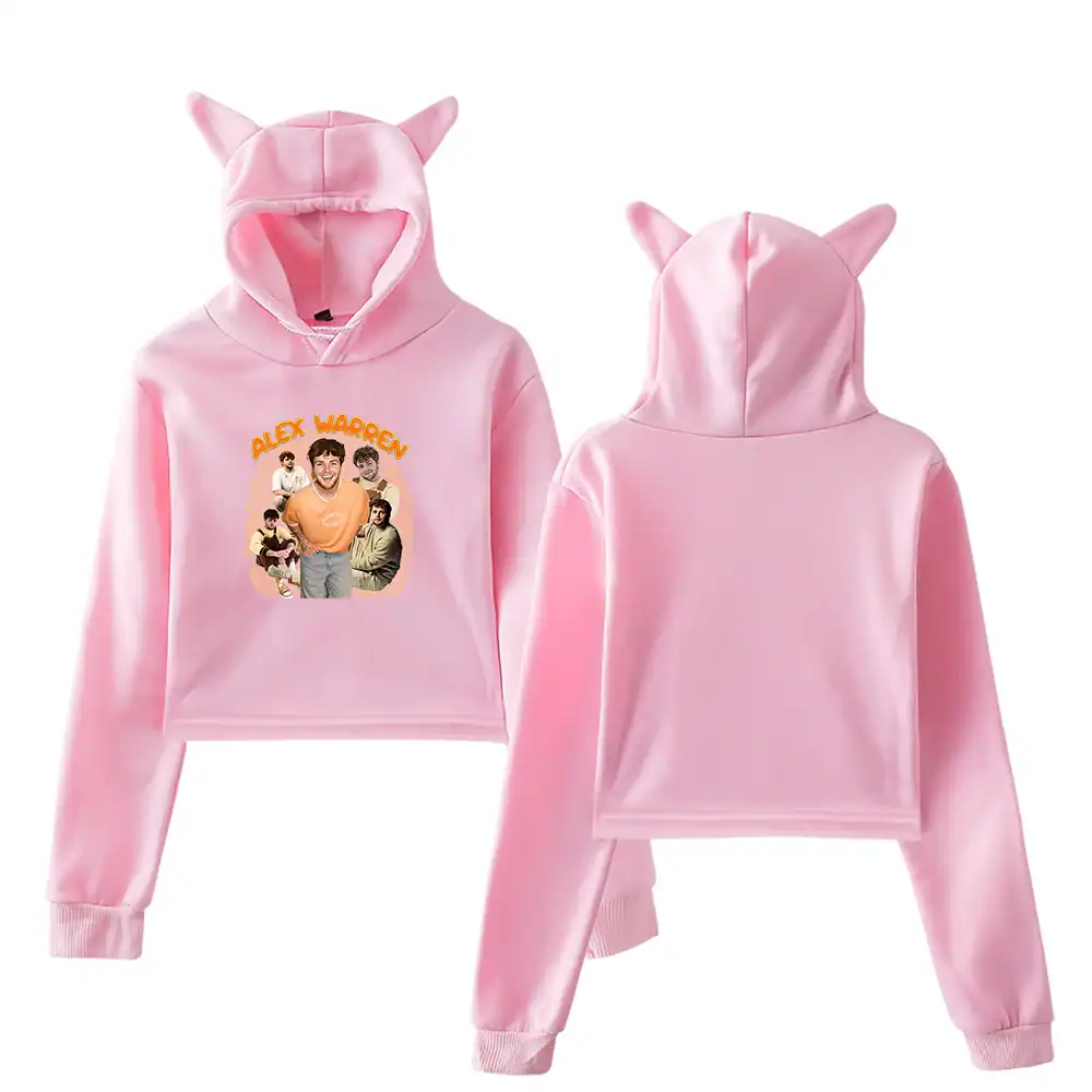 Alex Warren K-pop merchandise hoodie with pink satin fabric and cat ear hood design.