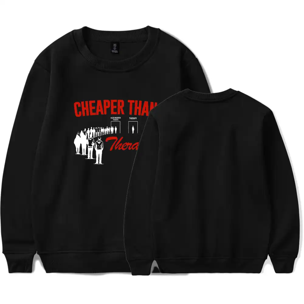 Cheaper Than Therapy sweatshirt with graphic design and crowd illustration.