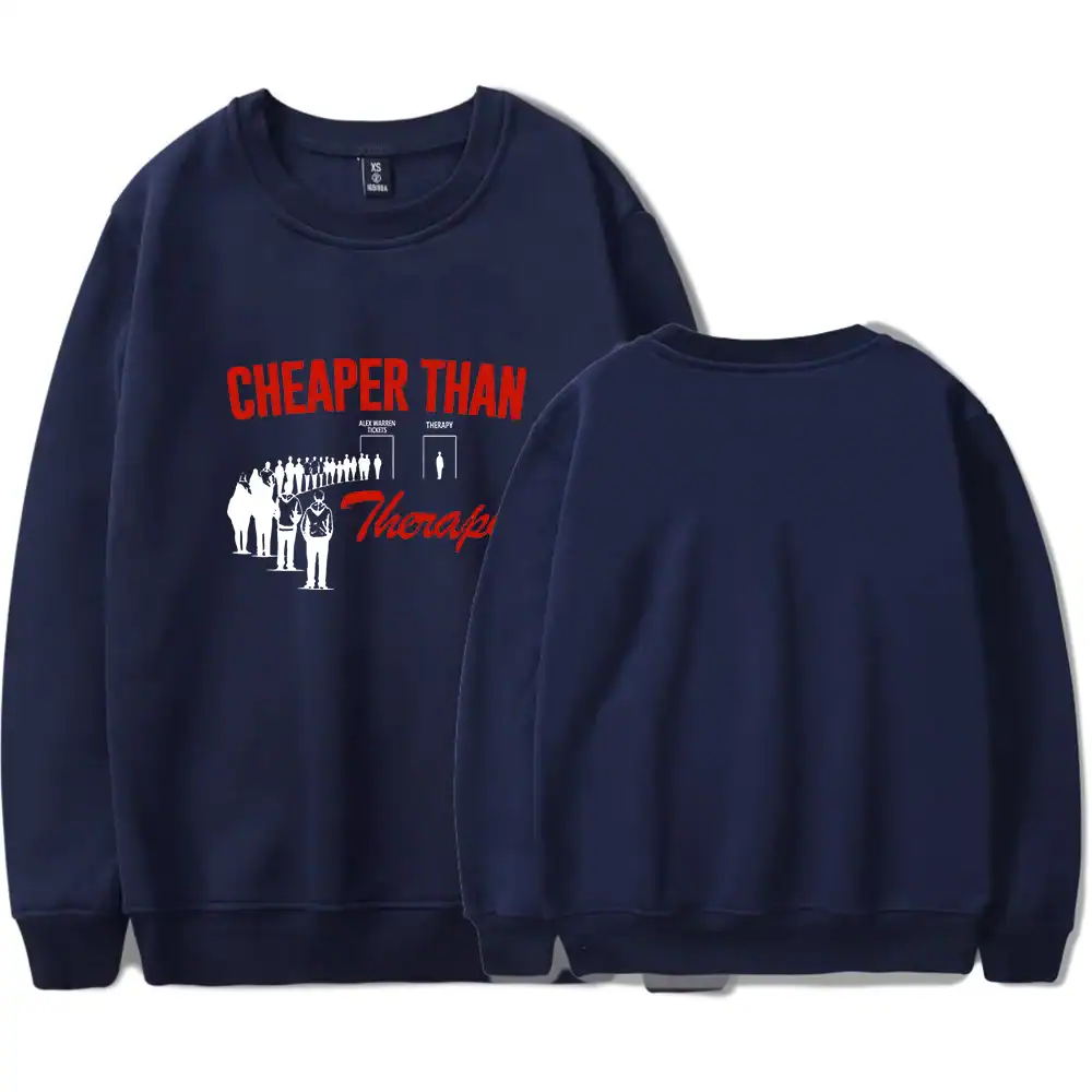 Comfy navy sweatshirt with "Cheaper Than Therapy" graphic and artwork of people in line, perfect for K-pop fans and merch collectors.
