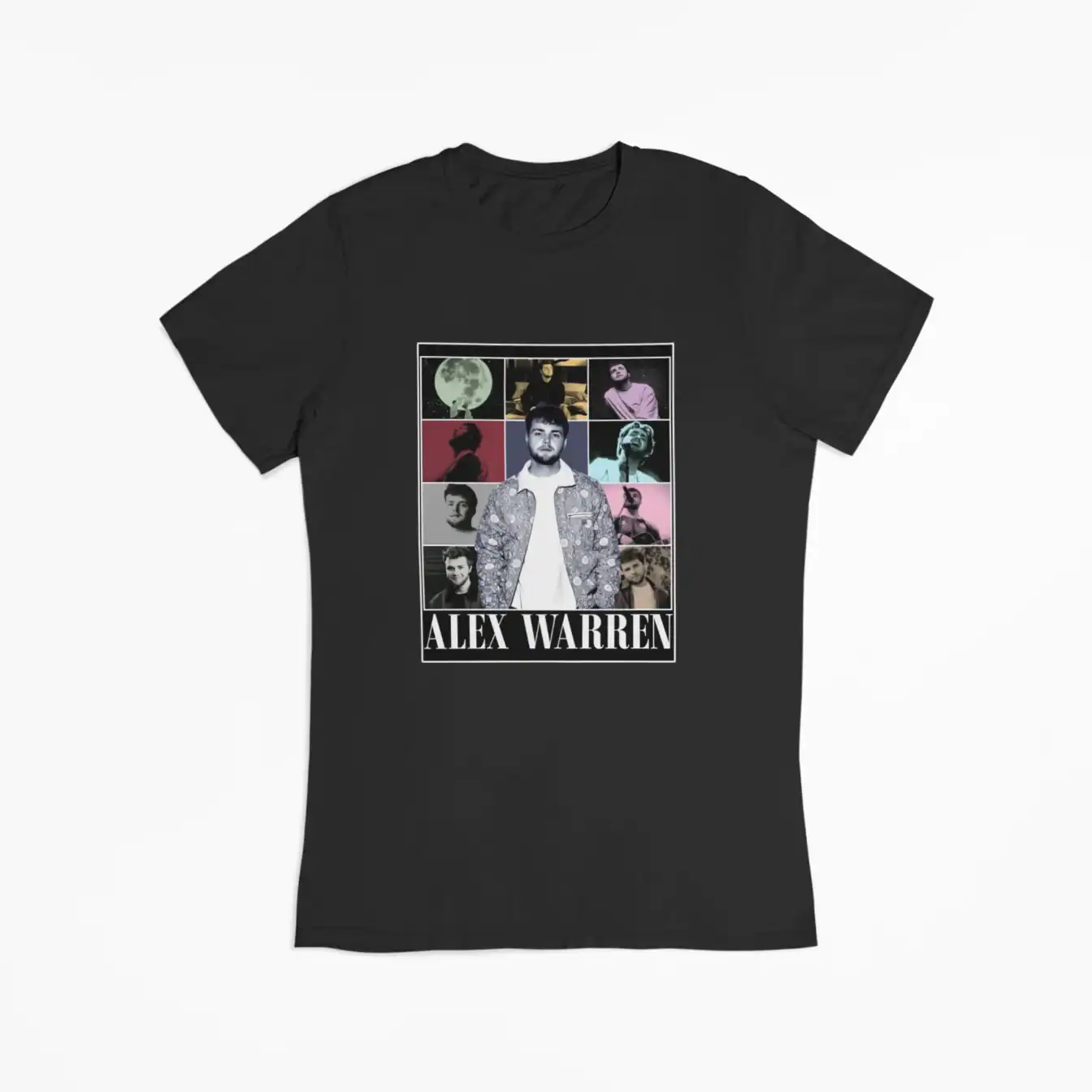Alex warren kpop merch T-shirt featuring a collage of images and the name Alex Warren printed on it.