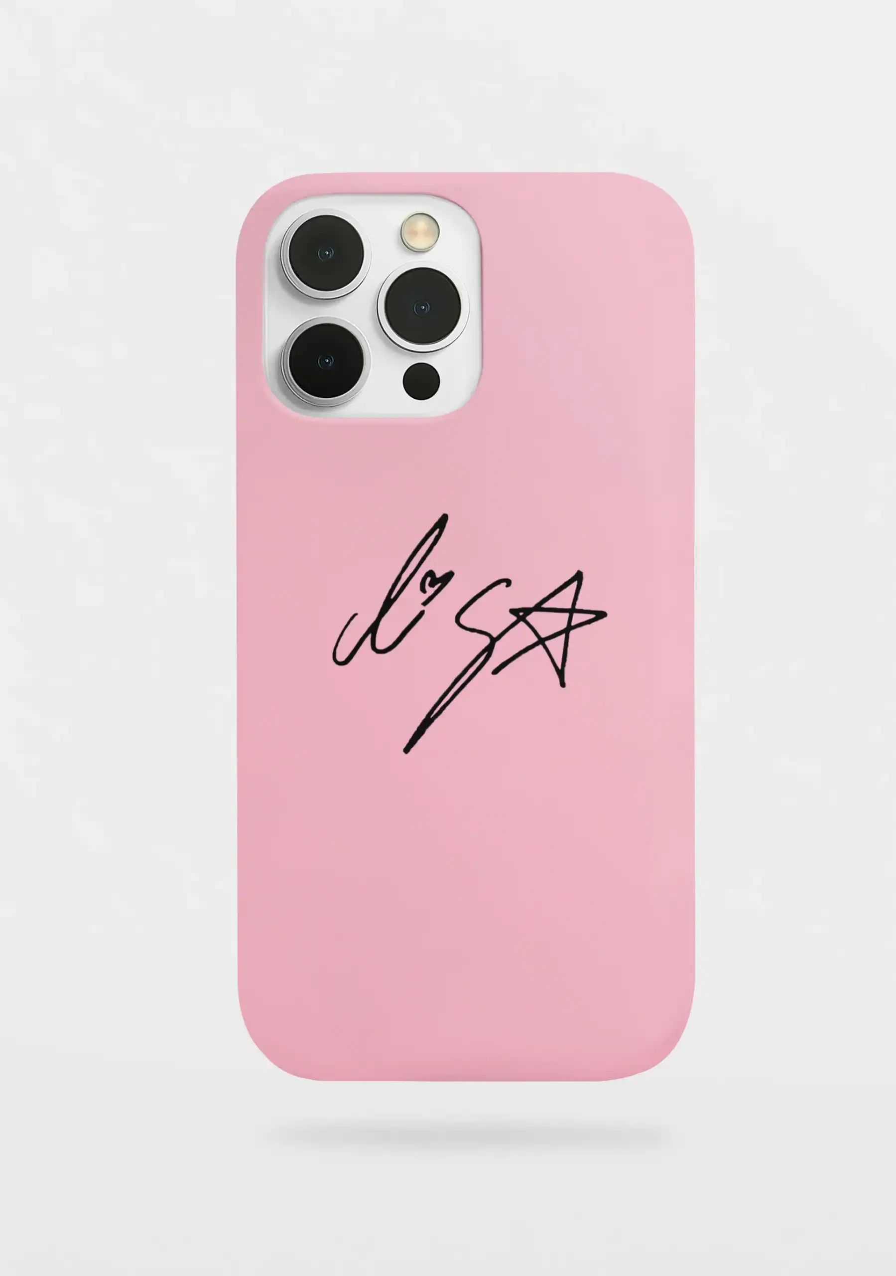 Cute pink phone case with black handwritten-style signatures and star doodles, perfect for K-pop merchandise fans.