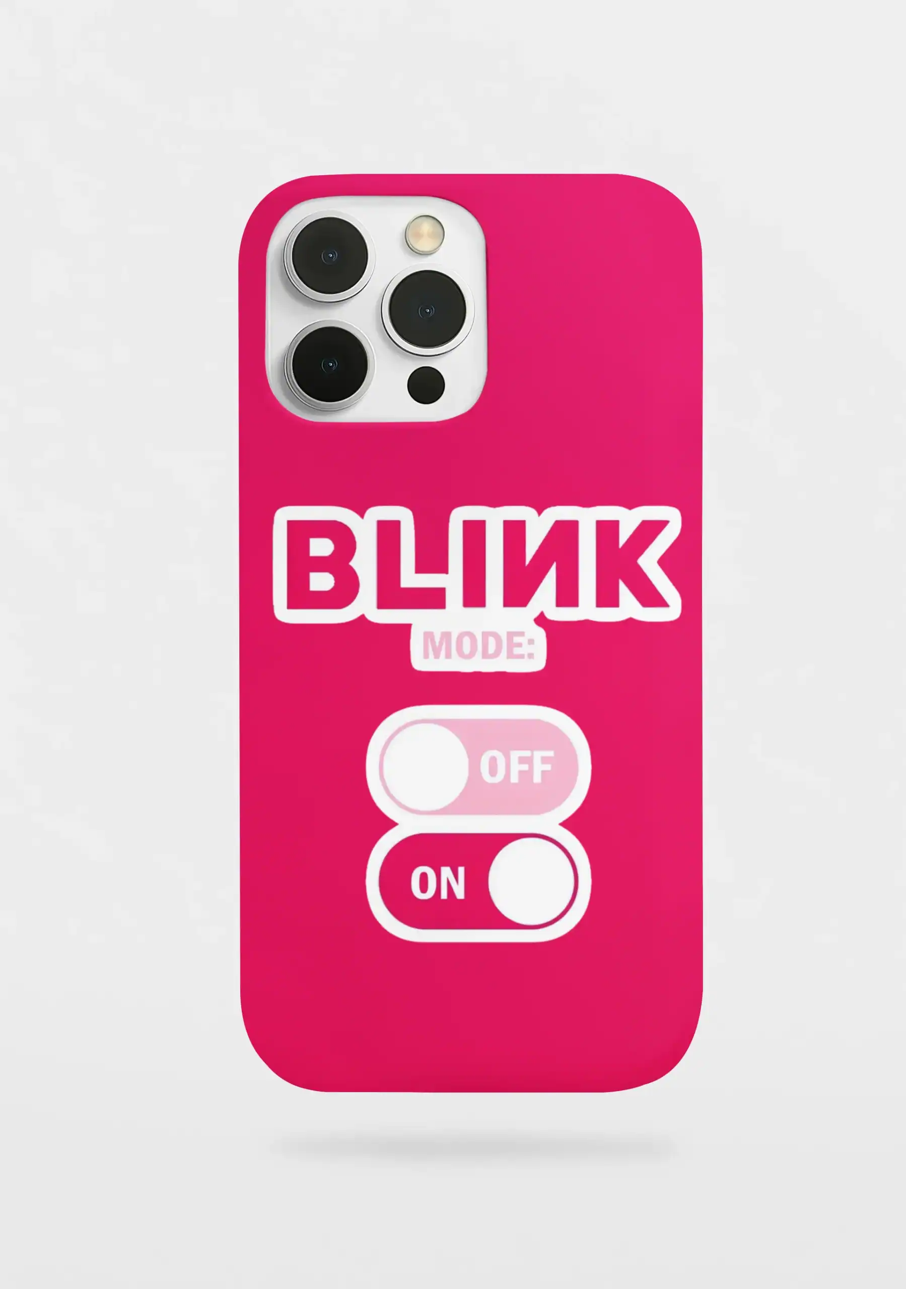 Vibrant pink phone case featuring bold white text, toggle switches labeled "OFF" and "ON", and the word "ВЛИК" in stylized Cyrillic font, designed for K-pop merchandise fans.