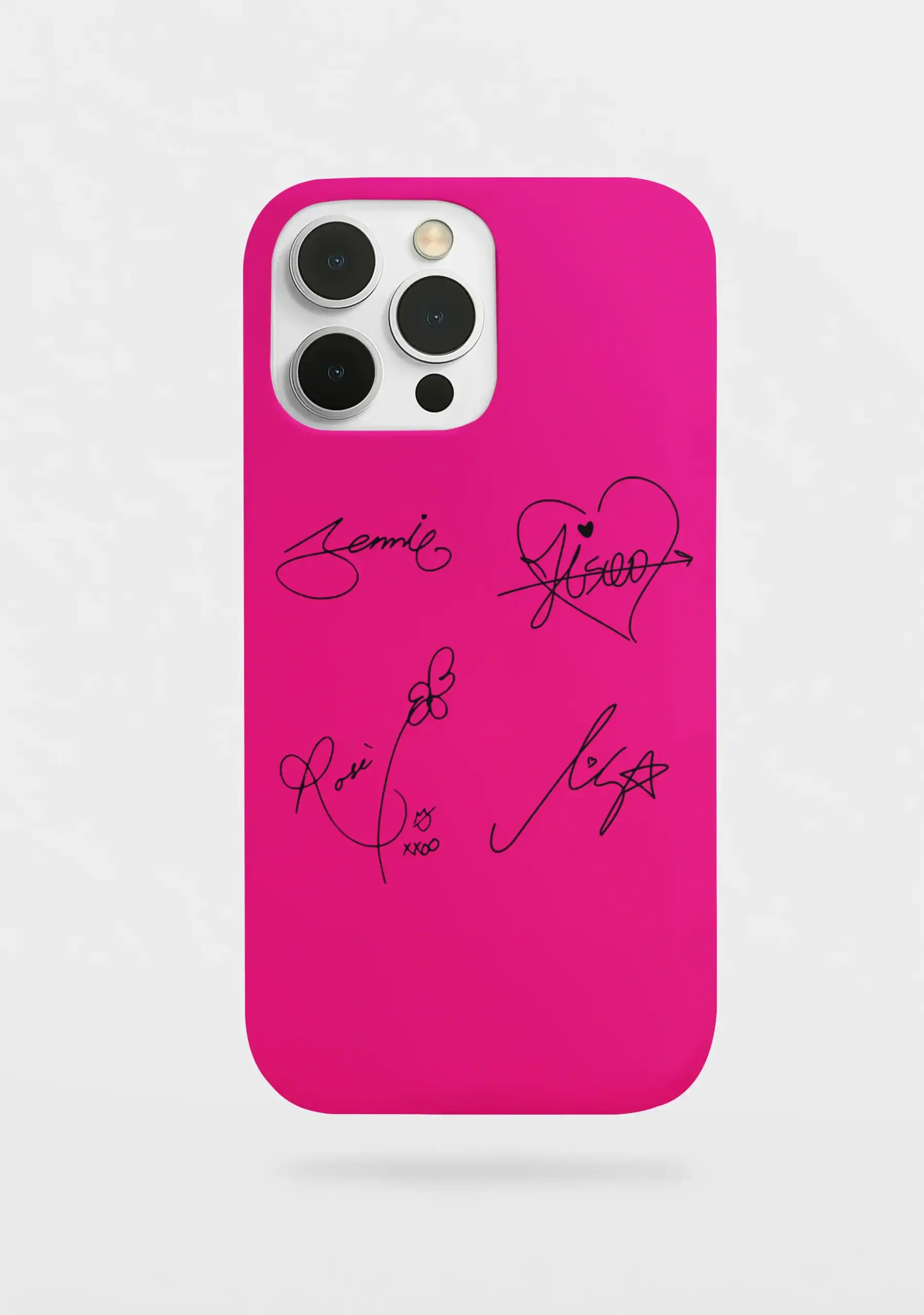 Pink phone case with handwritten signatures and doodles, designed for K-pop fans, featuring multiple signatures and artistic drawings, perfect for Kpop merch enthusiasts.