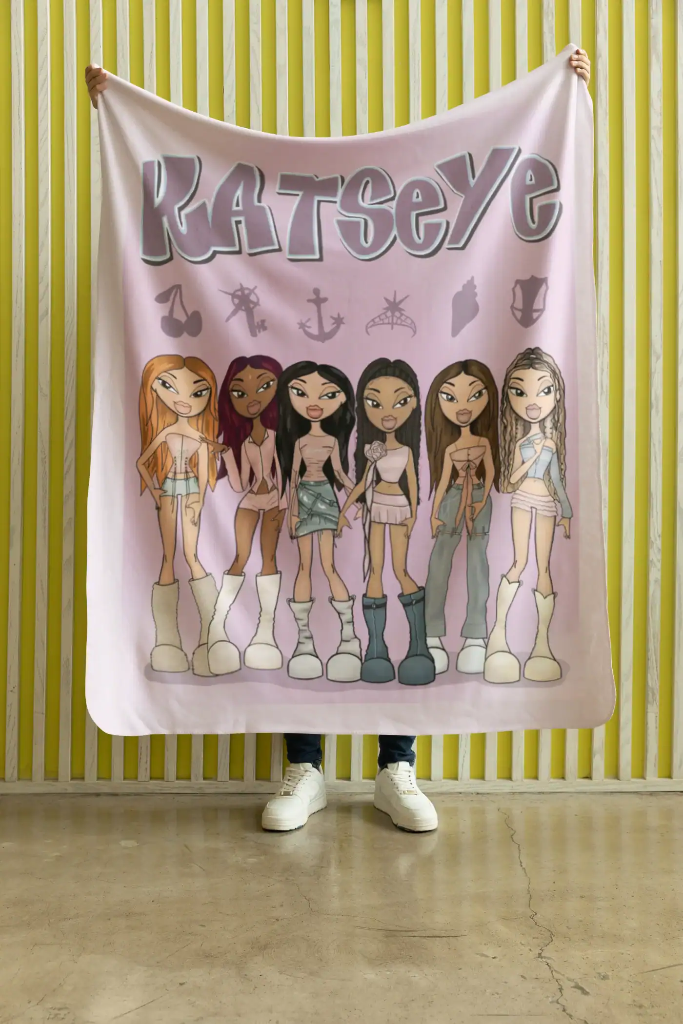 Kpop merch, colorful cartoon girl poster featuring six stylish animated female characters, ideal for K-pop fandom and fan merchandise.