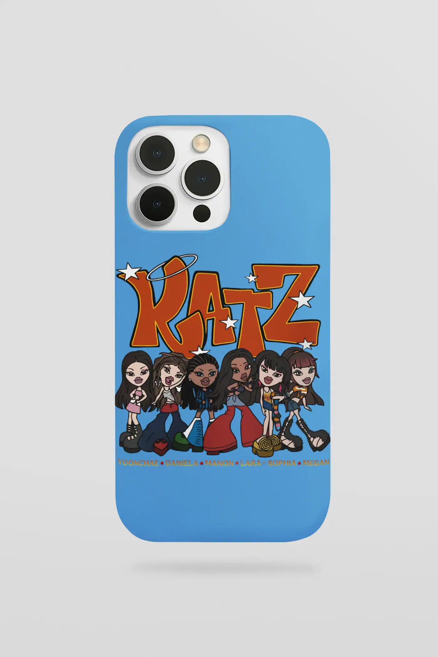 Vivid K-pop merch phone case featuring cartoon girl groups with bold, colorful design and the word "KATZ" in graffiti style.