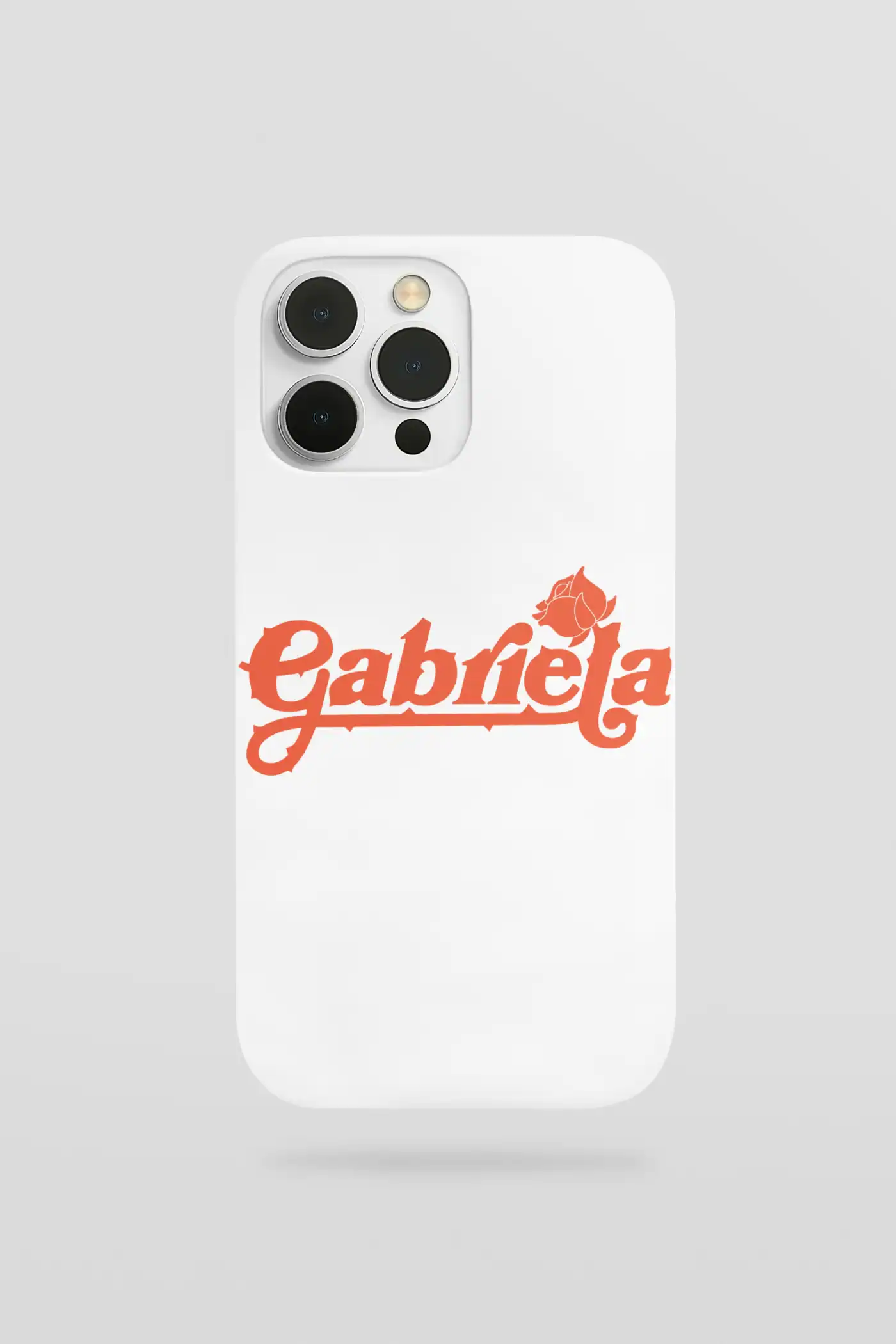 Custom phone case with "Gabriela" text and a rose graphic, designed for mobile phones, featuring a clean white background, perfect for K-pop merch fans.