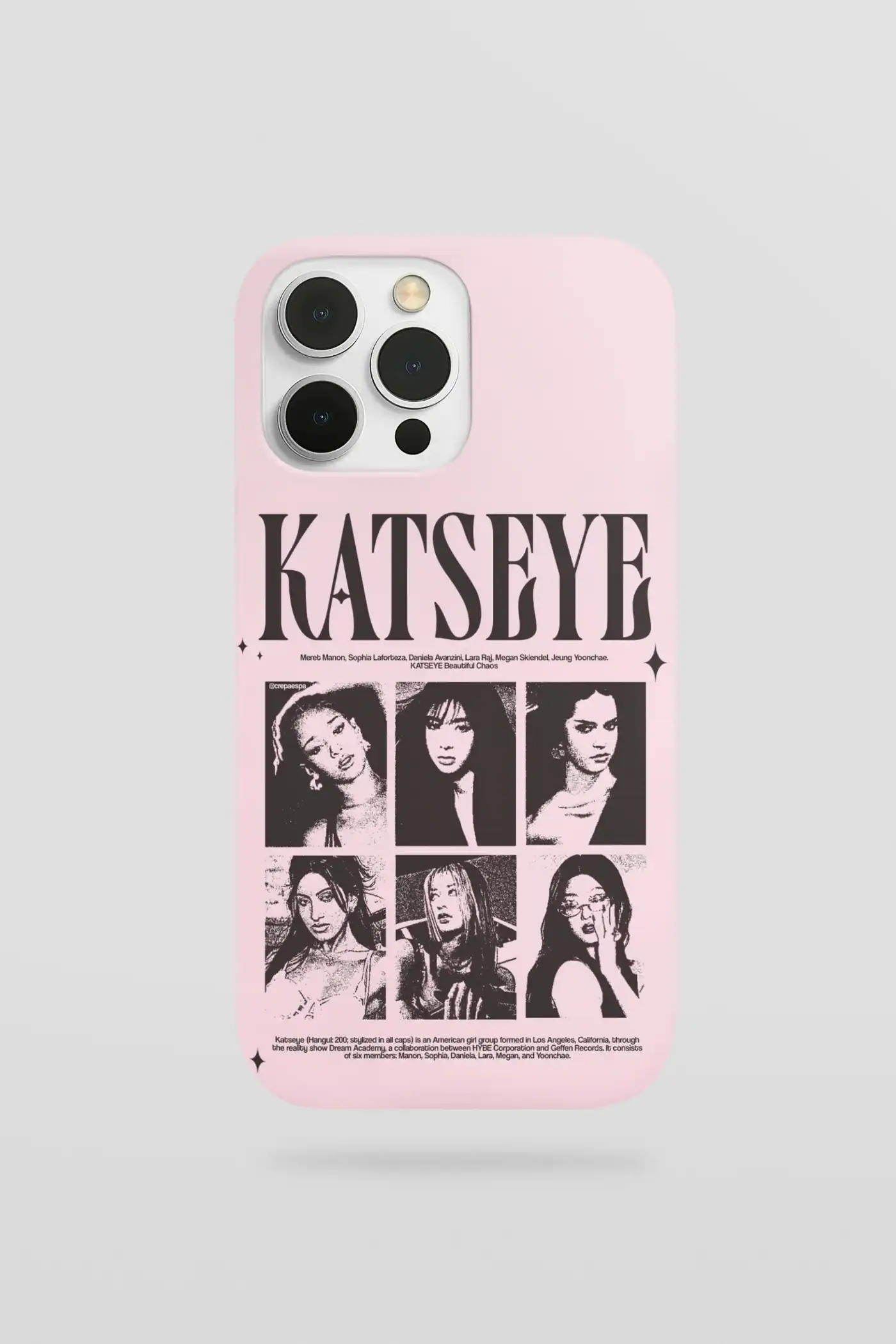Kpop merch featuring KATSEYE group printed on a pink phone case.