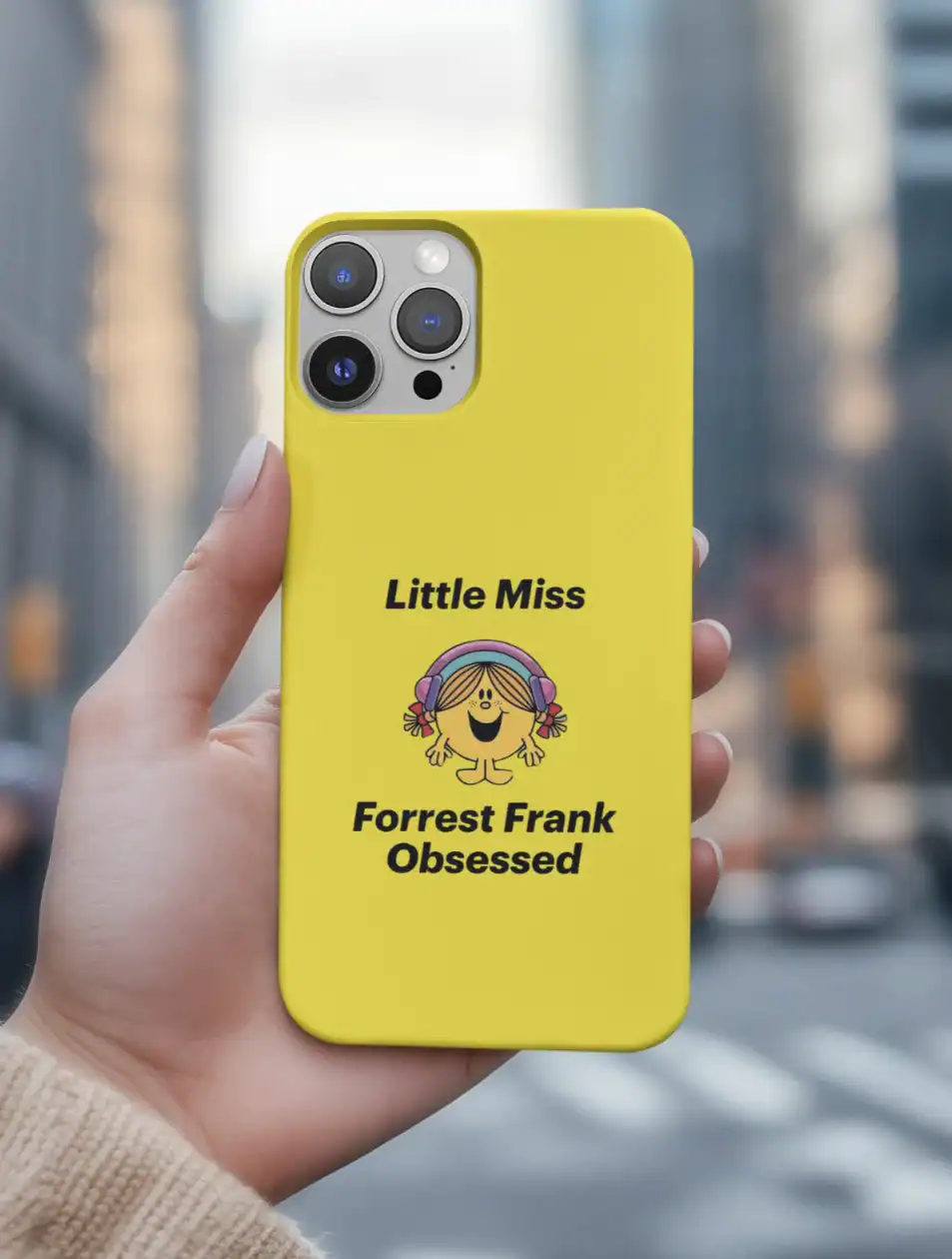 Colorful phone case with "Little Miss Forrest Frank Obsessed" graphic, perfect for K-pop merch fans.