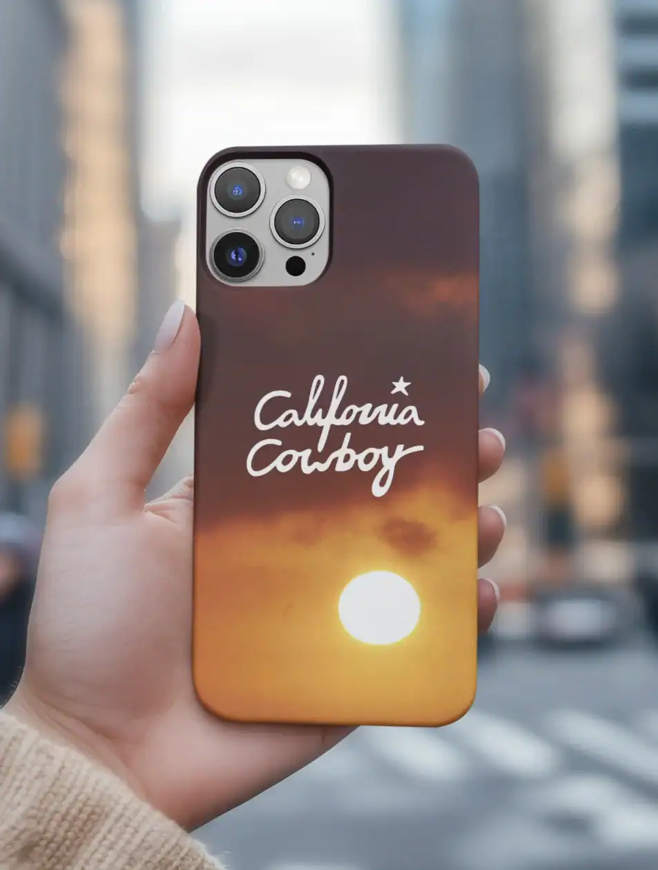California Cowboy phone case with sunset design and text.