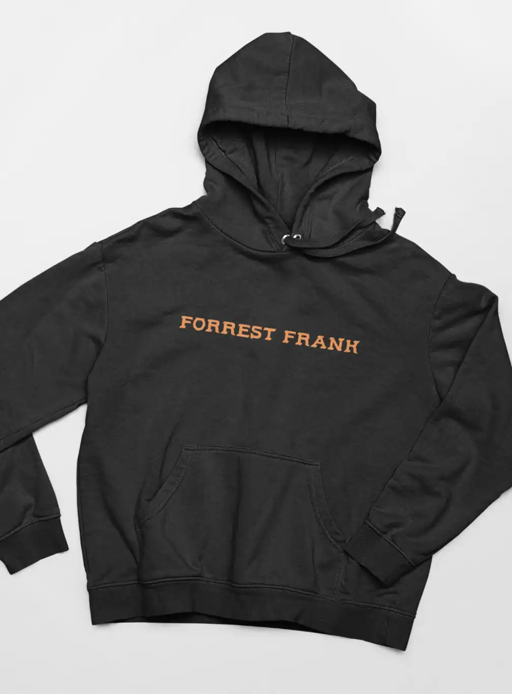 Forrest Frank black hoodie with front pocket and drawstring hood, casual streetwear style.
