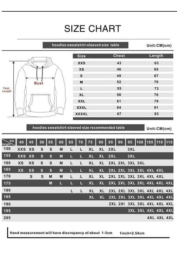 Crewneck sweatshirt size chart.