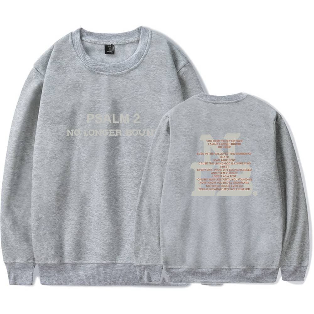 Simple gray sweatshirt with religious Psalm 2 text on the front and back, ideal for K-pop merchandise fans.