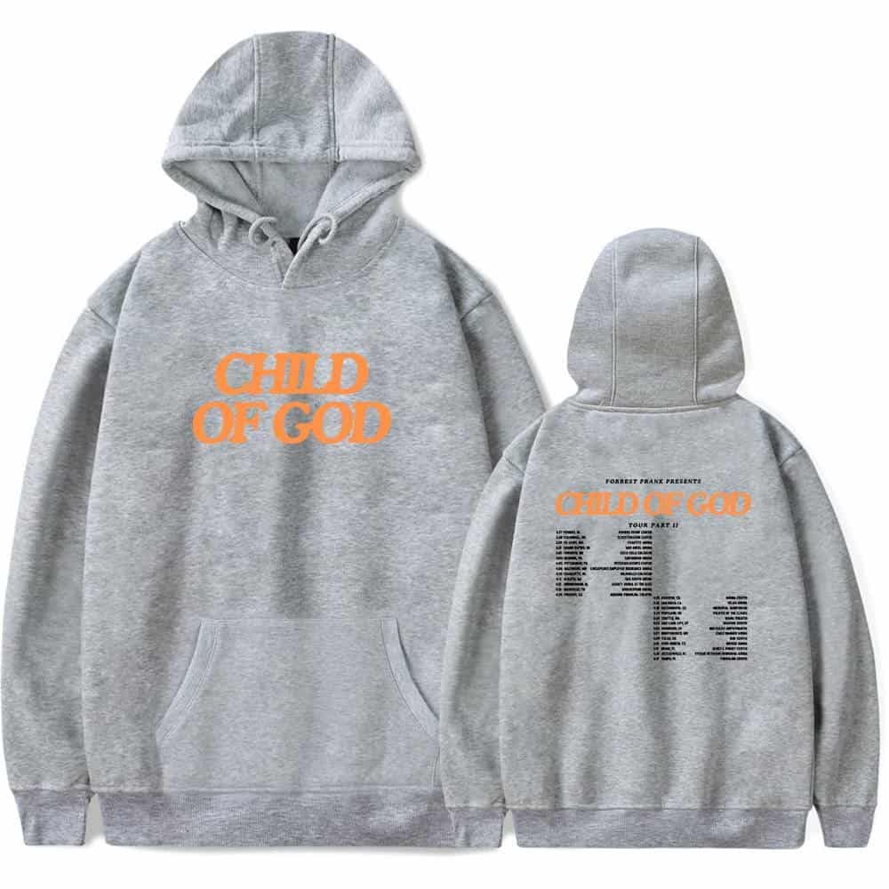 Child of God hoodie in gray with orange text.