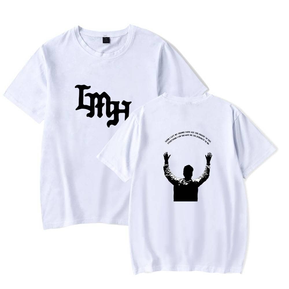 Bold black graphic t-shirt featuring a person with raised hands, perfect for K-pop merchandise fans.