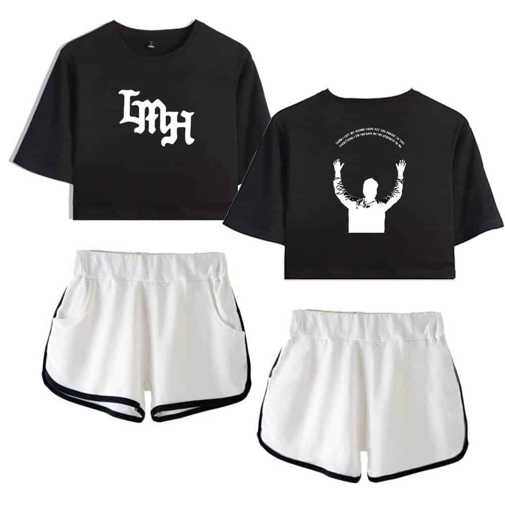 Black cropped t-shirt with white gothic text, white athletic shorts with black accents, and a graphic black oversized T-shirt featuring a person silhouette.
