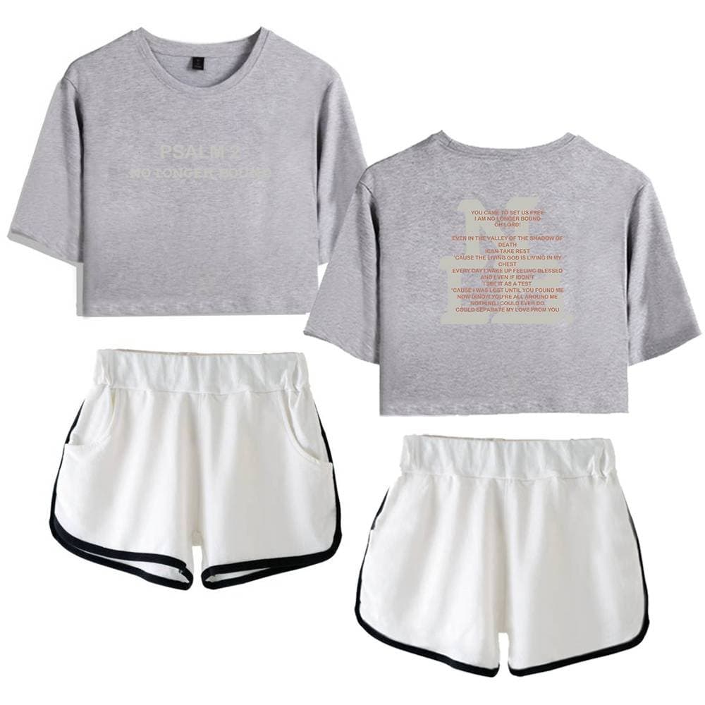 Soft gray cropped sweatshirt with printed lyrics on the front and back, paired with white sporty shorts featuring black trim, perfect for casual K-pop fan fashion.