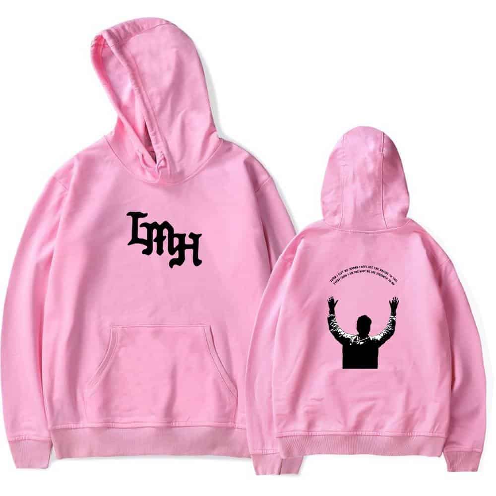 Pink hoodie with black "Luhan" logo and silhouette of a person with raised hands, perfect for K-pop fans and merchandise collectors.