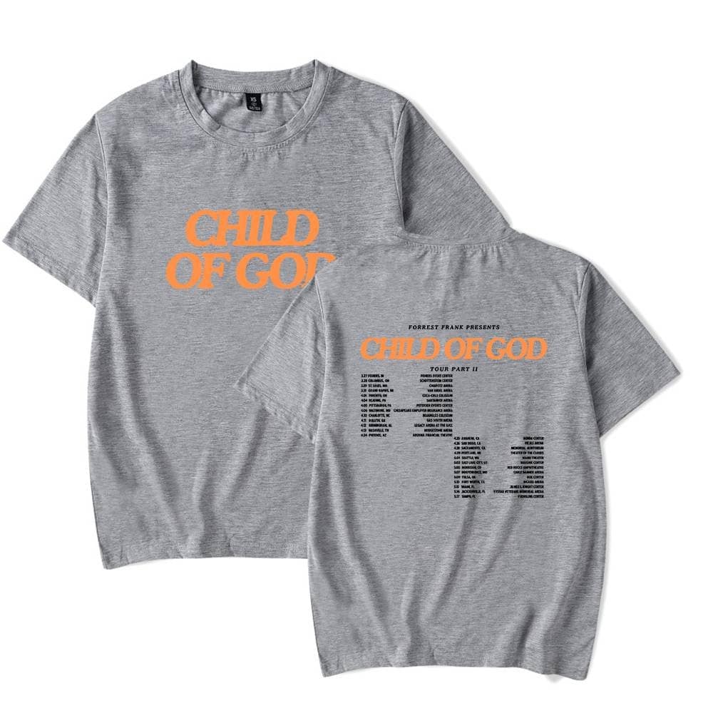 Child of God tour t-shirt with orange text and concert setlist print.