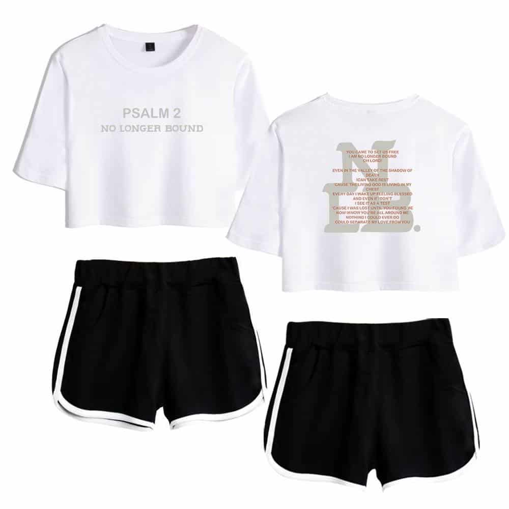 Casual K-pop merch set with white graphic crop tops and black shorts with white piping. Perfect for K-pop fans and dance enthusiasts.