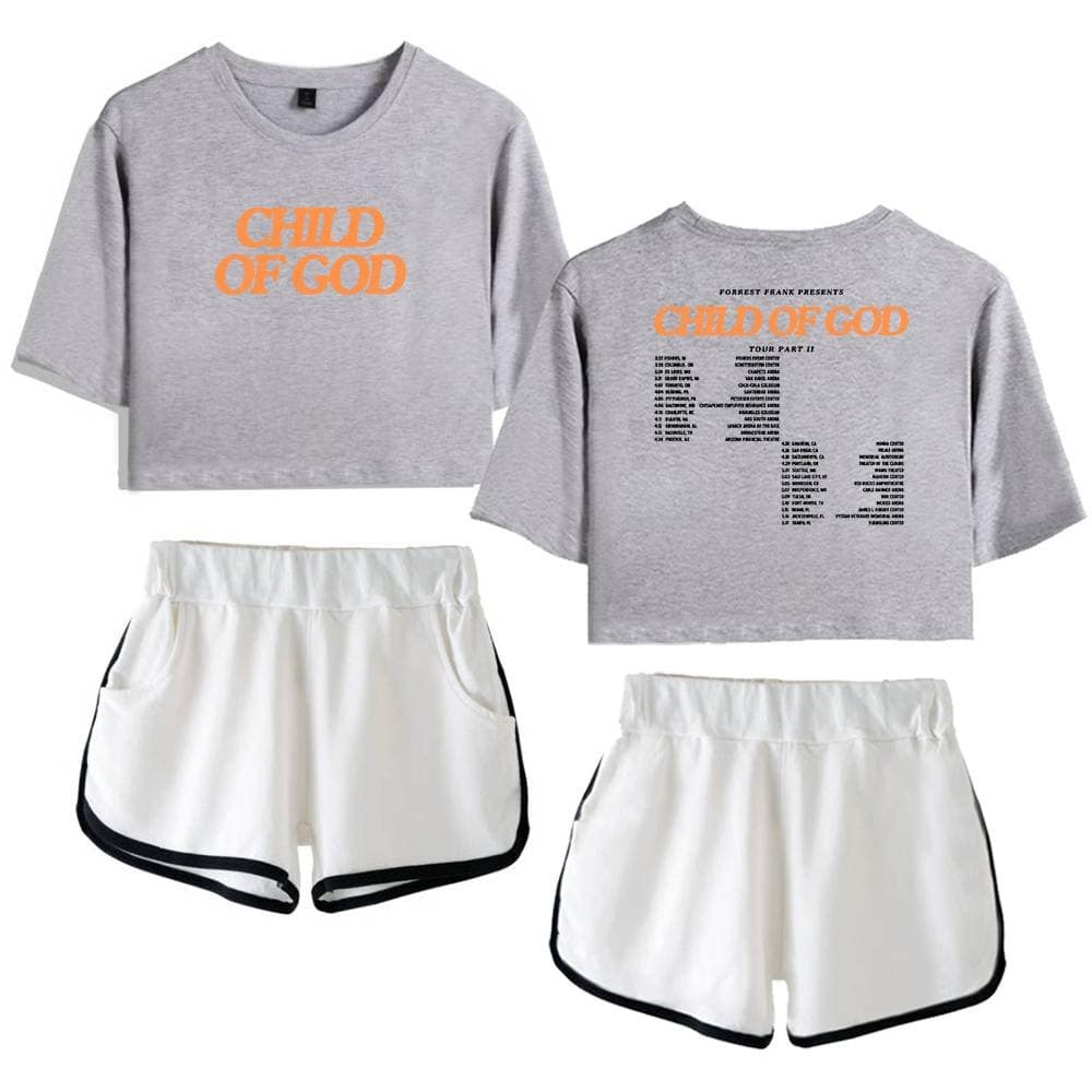Child of God grey crop top and white shorts set with black trim, K-pop merch.