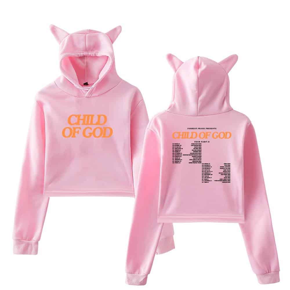 Child of God pink hoodie with cat ears and graphic print, stylish and comfortable K-pop merch for fans.