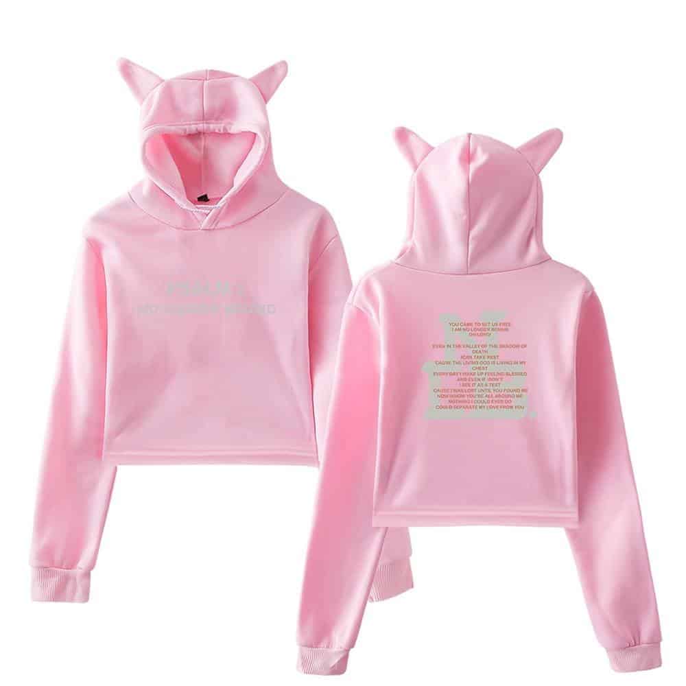 Pink hoodie with cat ears, K-pop merchandise featuring lyrics and designs, soft fabric, trendy Kpop merch for fans, stylish and cozy K-pop apparel.