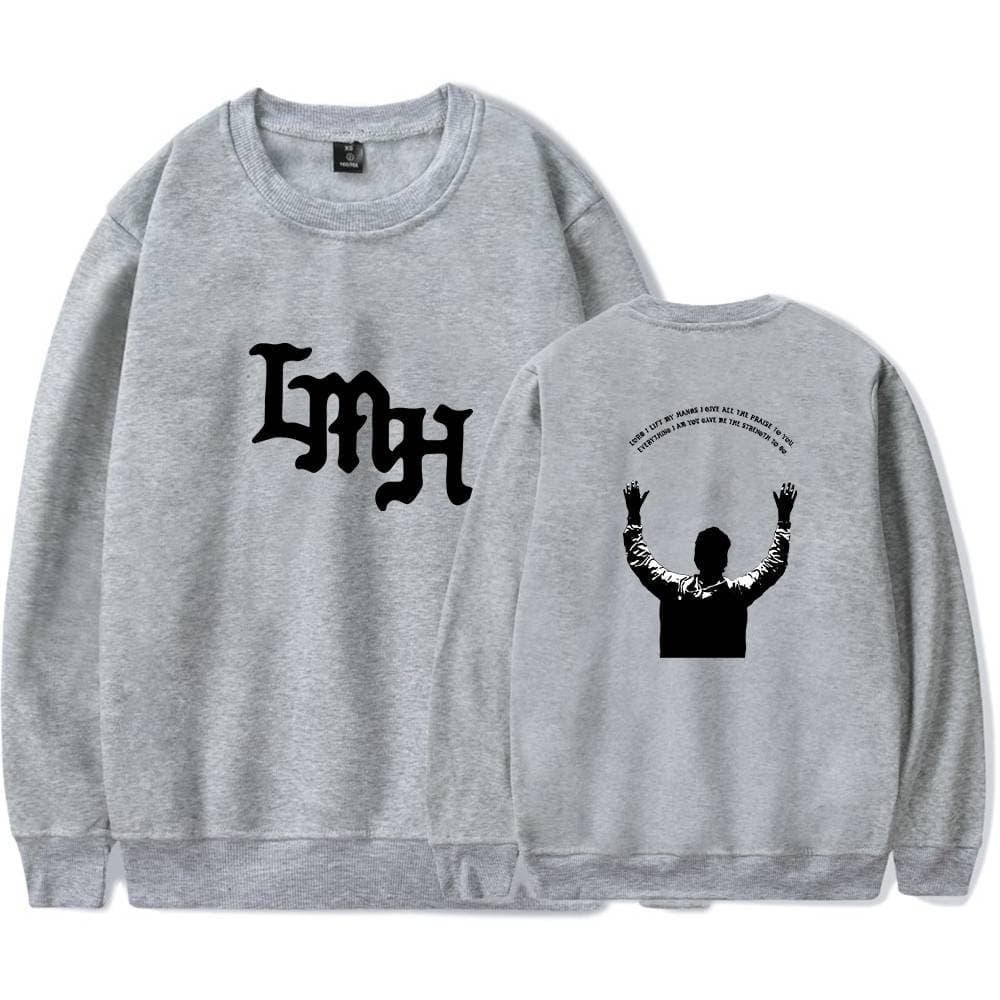 Luxury Kpop merch sweatshirt with bold front text and back graphic design featuring a person raising hands. Perfect for Kpop fans to showcase their fandom style.