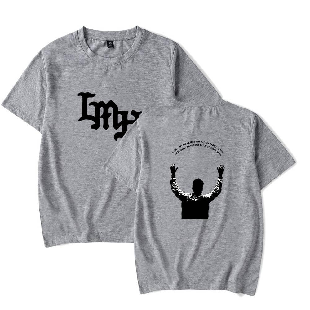 Grey K-pop merchandise t-shirt featuring a black "Ly" logo and an image of a person with arms raised. Perfect for K-pop fans and concert goers.