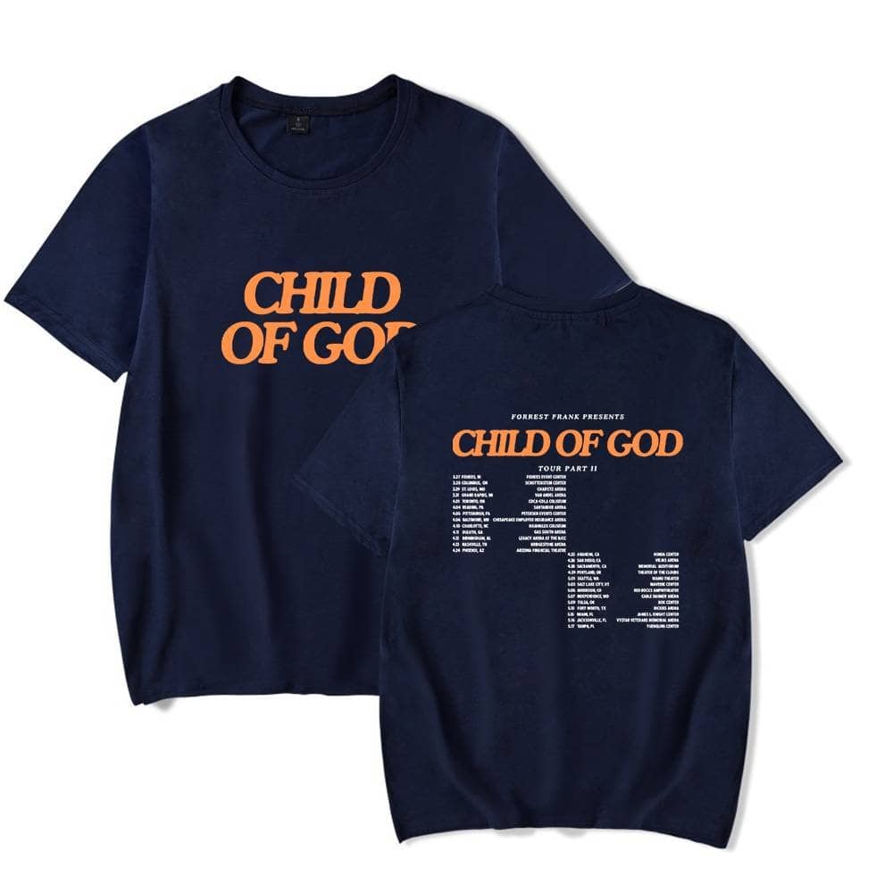 Child of God tour t-shirt with bold graphic design on navy blue fabric, perfect for K-pop fans and merchandise collectors.