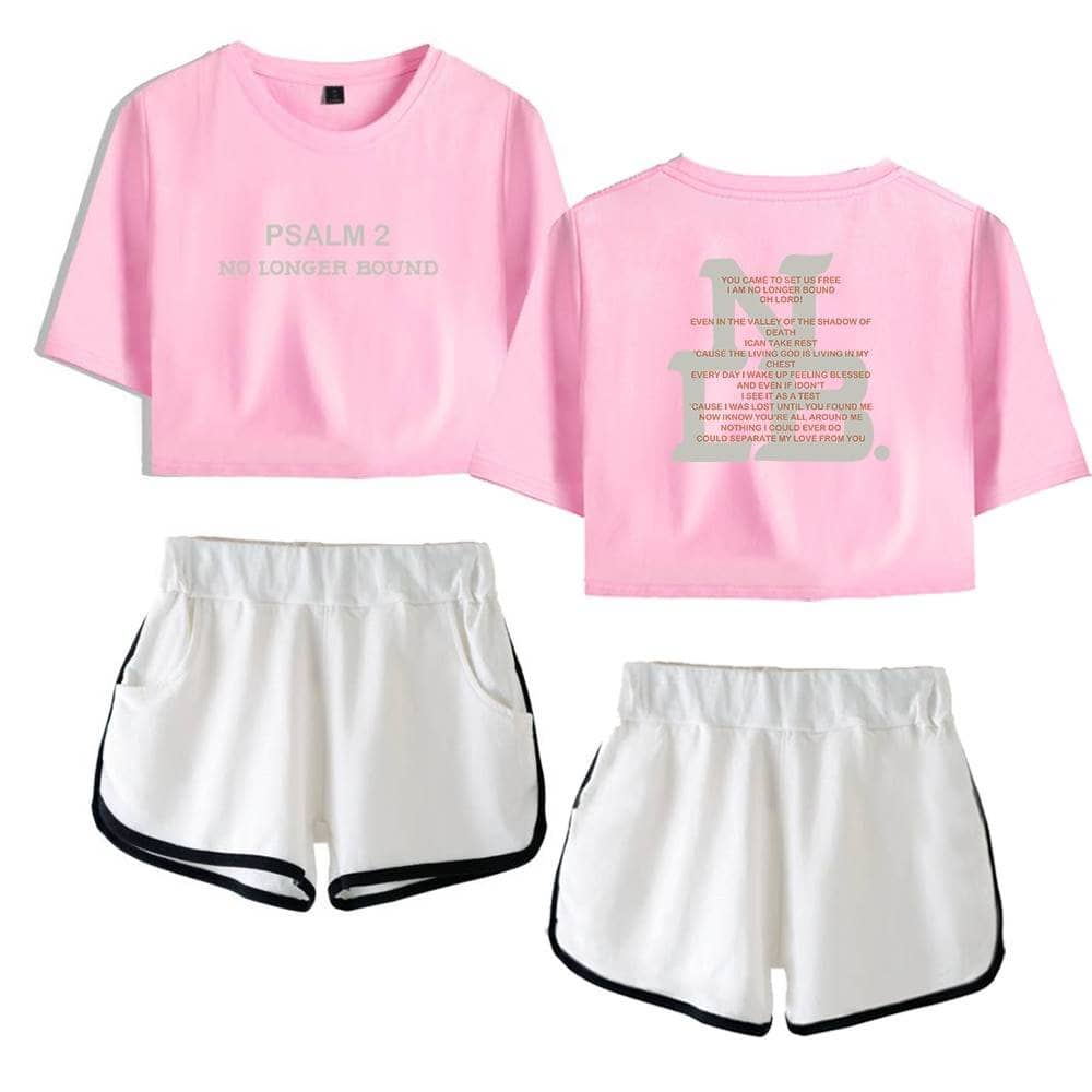 Pink K-pop merchandise set with Psalms 2 and casual shorts.
