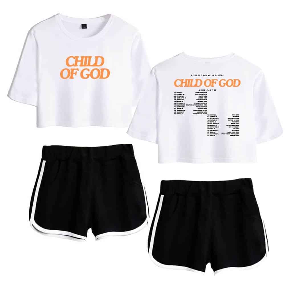Child of God graphic t-shirt and athletic shorts set in white and black, perfect for K-pop fans or casual wear.