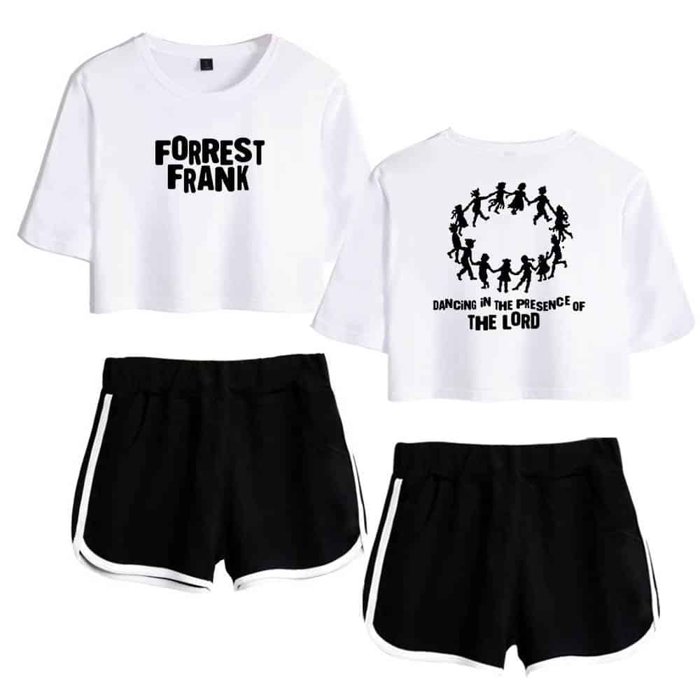 Matching K-pop merch set with two white cropped T-shirts featuring black text and graphics, paired with black shorts with white stripes. Perfect for K-pop fans.