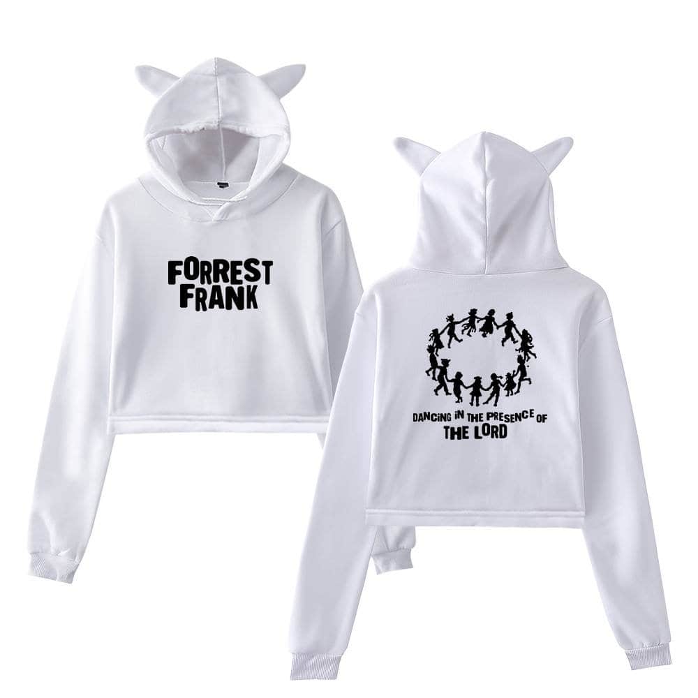 White cropped hoodie with cat ears, featuring black text and a design related to Forrest Frank, perfect for K-pop fans.